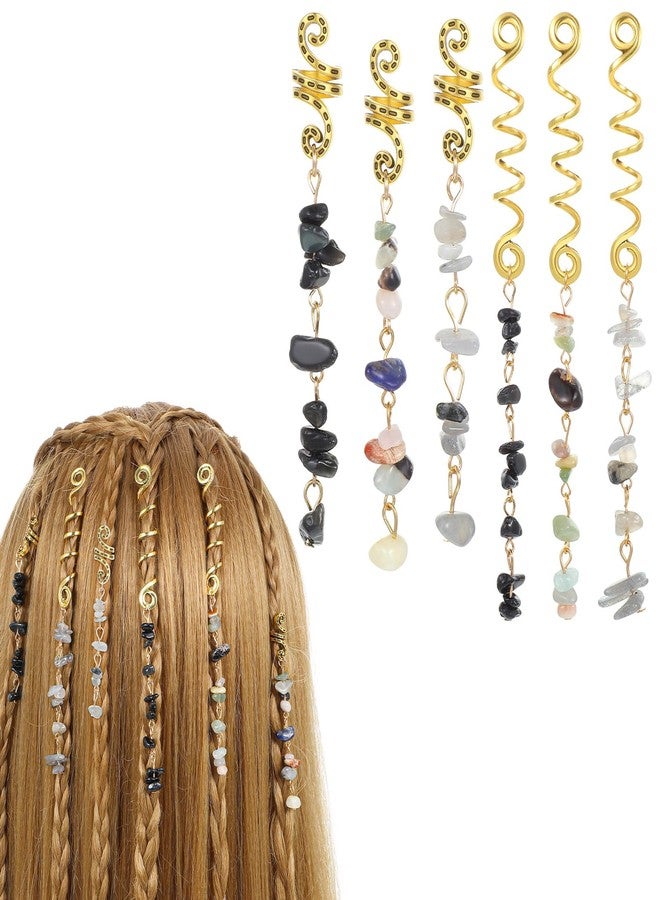 Tyqour 6PCS Hair Jewelry for Braids, Natural Stone Hair Braid Accessories, Colored Crystal Charms for Braids Dreadlock, Gold Spirals Cuffs Rings for Women Girls, Rave Festival Hairstyle Decoration - Image 1
